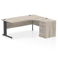 Impulse 1800mm Right Crescent Office Desk Grey Oak Top Black Cable Managed Leg Workstation 600 Deep Desk High Pedestal