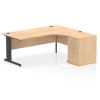 Impulse 1800mm Right Crescent Office Desk Maple Top Black Cable Managed Leg Workstation 600 Deep Desk High Pedestal
