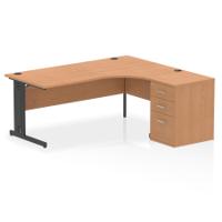Impulse 1800mm Right Crescent Office Desk Oak Top Black Cable Managed Leg Workstation 600 Deep Desk High Pedestal