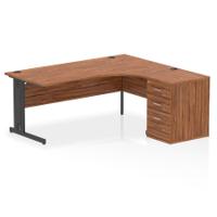 Impulse 1800mm Right Crescent Office Desk Walnut Top Black Cable Managed Leg Workstation 600 Deep Desk High Pedestal