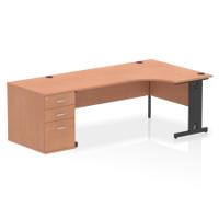 Impulse 1800mm Right Crescent Office Desk Beech Top Black Cable Managed Leg Workstation 800 Deep Desk High Pedestal