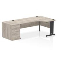 Impulse 1800mm Right Crescent Office Desk Grey Oak Top Black Cable Managed Leg Workstation 800 Deep Desk High Pedestal