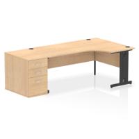 Impulse 1800mm Right Crescent Office Desk Maple Top Black Cable Managed Leg Workstation 800 Deep Desk High Pedestal