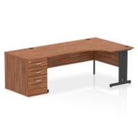 Impulse 1800mm Right Crescent Office Desk Walnut Top Black Cable Managed Leg Workstation 800 Deep Desk High Pedestal