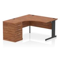 Impulse 1400mm Left Crescent Office Desk Walnut Top Black Cable Managed Leg Workstation 600 Deep Desk High Pedestal