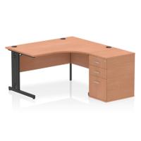 Impulse 1400mm Right Crescent Office Desk Beech Top Black Cable Managed Leg Workstation 600 Deep Desk High Pedestal