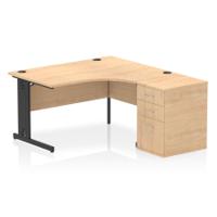 Impulse 1400mm Right Crescent Office Desk Maple Top Black Cable Managed Leg Workstation 600 Deep Desk High Pedestal