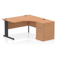 Impulse 1400mm Right Crescent Office Desk Oak Top Black Cable Managed Leg Workstation 600 Deep Desk High Pedestal