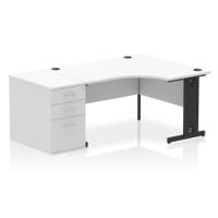 Impulse 1400mm Right Crescent Office Desk White Top Black Cable Managed Leg Workstation 800 Deep Desk High Pedestal