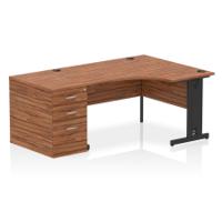 Impulse 1400mm Right Crescent Office Desk Walnut Top Black Cable Managed Leg Workstation 800 Deep Desk High Pedestal