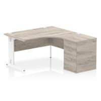 Impulse 1400mm Right Crescent Office Desk Grey Oak Top White Cable Managed Leg Workstation 600 Deep Desk High Pedestal