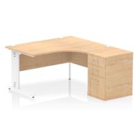 Impulse 1400mm Right Crescent Office Desk Maple Top White Cable Managed Leg Workstation 600 Deep Desk High Pedestal