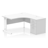 Impulse 1400mm Right Crescent Office Desk White Top White Cable Managed Leg Workstation 600 Deep Desk High Pedestal