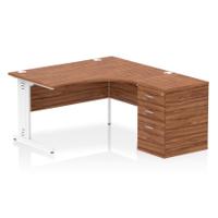 Impulse 1400mm Right Crescent Office Desk Walnut Top White Cable Managed Leg Workstation 600 Deep Desk High Pedestal