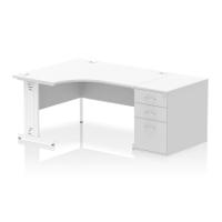 Impulse 1400mm Left Crescent Office Desk White Top White Cable Managed Leg Workstation 800 Deep Desk High Pedestal