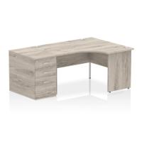 Impulse 1400mm Right Crescent Office Desk Grey Oak Top Panel End Leg Workstation 800 Deep Desk High Pedestal