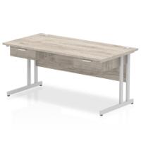 Impulse 1600 x 800mm Straight Office Desk Grey Oak Top Silver Cantilever Leg Workstation 2 x 1 Drawer Fixed Pedestal
