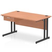 Impulse 1400 x 800mm Straight Office Desk Beech Top Black Cantilever Leg Workstation 1 x 1 Drawer Fixed Pedestal