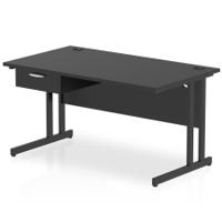 Impulse 1400 x 800mm Straight Office Desk Black Top Black Cantilever Leg Workstation 1 x 1 Drawer Fixed Pedestal