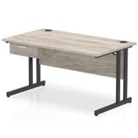 Impulse 1400 x 800mm Straight Office Desk Grey Oak Top Black Cantilever Leg Workstation 1 x 1 Drawer Fixed Pedestal