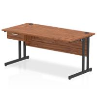 Impulse 1600 x 800mm Straight Office Desk Walnut Top Black Cantilever Leg Workstation 1 x 1 Drawer Fixed Pedestal