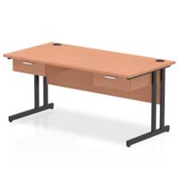 Impulse 1600 x 800mm Straight Office Desk Beech Top Black Cantilever Leg Workstation 2 x 1 Drawer Fixed Pedestal