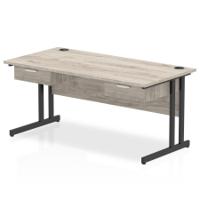 Impulse 1600 x 800mm Straight Office Desk Grey Oak Top Black Cantilever Leg Workstation 2 x 1 Drawer Fixed Pedestal