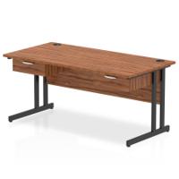 Impulse 1600 x 800mm Straight Office Desk Walnut Top Black Cantilever Leg Workstation 2 x 1 Drawer Fixed Pedestal