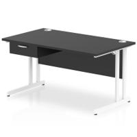 Impulse 1400 x 800mm Straight Office Desk Black Top White Cantilever Leg Workstation 1 x 1 Drawer Fixed Pedestal