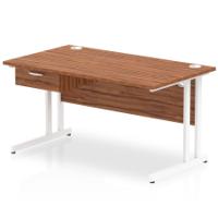 Impulse 1400 x 800mm Straight Office Desk Walnut Top White Cantilever Leg Workstation 1 x 1 Drawer Fixed Pedestal
