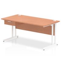 Impulse 1600 x 800mm Straight Office Desk Beech Top White Cantilever Leg Workstation 1 x 1 Drawer Fixed Pedestal