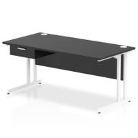 Impulse 1600 x 800mm Straight Office Desk Black Top White Cantilever Leg Workstation 1 x 1 Drawer Fixed Pedestal