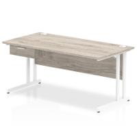 Impulse 1600 x 800mm Straight Office Desk Grey Oak Top White Cantilever Leg Workstation 1 x 1 Drawer Fixed Pedestal