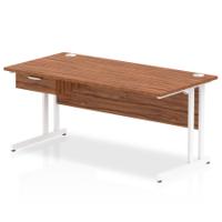 Impulse 1600 x 800mm Straight Office Desk Walnut Top White Cantilever Leg Workstation 1 x 1 Drawer Fixed Pedestal