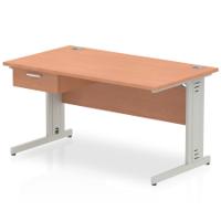 Impulse 1400 x 800mm Straight Office Desk Beech Top Silver Cable Managed Leg Workstation 1 x 1 Drawer Fixed Pedestal