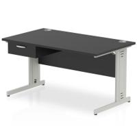 Impulse 1400 x 800mm Straight Office Desk Black Top Silver Cable Managed Leg Workstation 1 x 1 Drawer Fixed Pedestal
