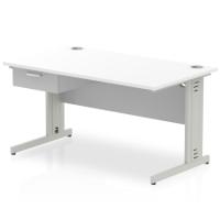 Impulse 1400 x 800mm Straight Office Desk White Top Silver Cable Managed Leg Workstation 1 x 1 Drawer Fixed Pedestal