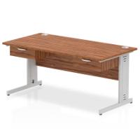 Impulse 1600 x 800mm Straight Office Desk Walnut Top Silver Cable Managed Leg Workstation 2 x 1 Drawer Fixed Pedestal