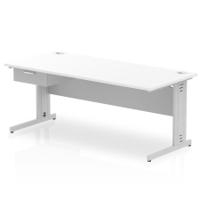 Impulse 1800 x 800mm Straight Office Desk White Top Silver Cable Managed Leg Workstation 1 x 1 Drawer Fixed Pedestal