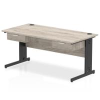 Impulse 1600 x 800mm Straight Office Desk Grey Oak Top Black Cable Managed Leg Workstation 2 x 1 Drawer Fixed Pedestal