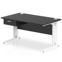 Impulse 1400 x 800mm Straight Office Desk Black Top White Cable Managed Leg Workstation 1 x 1 Drawer Fixed Pedestal