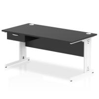Impulse 1600 x 800mm Straight Office Desk Black Top White Cable Managed Leg Workstation 1 x 1 Drawer Fixed Pedestal