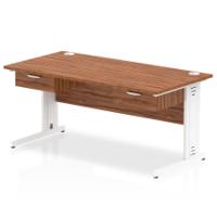 Impulse 1600 x 800mm Straight Office Desk Walnut Top White Cable Managed Leg Workstation 2 x 1 Drawer Fixed Pedestal
