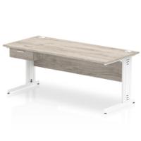 Impulse 1800 x 800mm Straight Office Desk Grey Oak Top White Cable Managed Leg Workstation 1 x 1 Drawer Fixed Pedestal