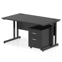 Impulse 1400 x 800mm Straight Office Desk Black Top Black Cantilever Leg Workstation 2 Drawer Mobile Pedestal