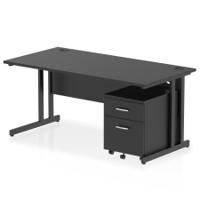 Impulse 1600 x 800mm Straight Office Desk Black Top Black Cantilever Leg Workstation 2 Drawer Mobile Pedestal