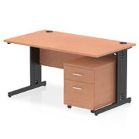 Impulse 1400 x 800mm Straight Office Desk Beech Top Black Cable Managed Leg Workstation 2 Drawer Mobile Pedestal