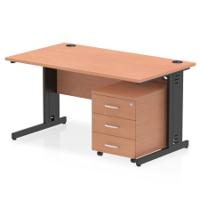 Impulse 1400 x 800mm Straight Office Desk Beech Top Black Cable Managed Leg Workstation 3 Drawer Mobile Pedestal