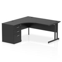 Impulse 1600mm Left Crescent Office Desk Black Top Black Cantilever Leg Workstation 600 Deep Desk High Pedestal