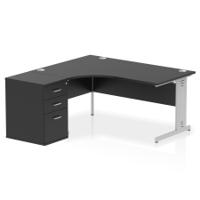 Impulse 1600mm Left Crescent Office Desk Black Top Silver Cable Managed Leg Workstation 600 Deep Desk High Pedestal